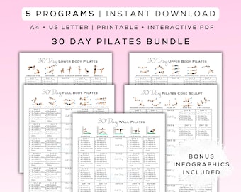 30 Day Pilates Workout Bundle: Beginner Friendly Exercises (Printable + Interactive PDF, A4/US Letter)
