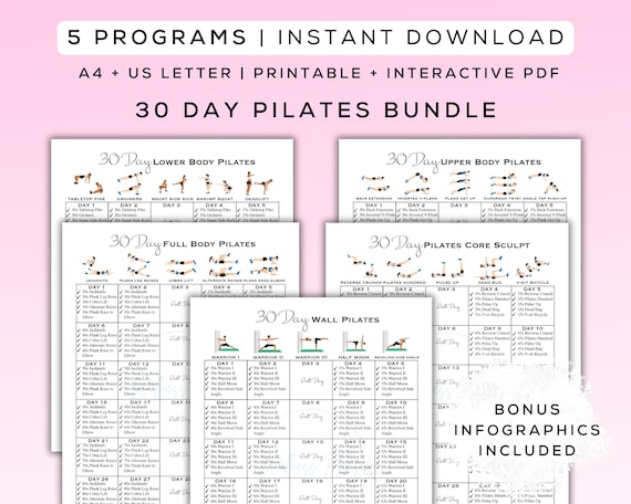 30 Day Pilates Workout Bundle: Beginner Friendly Exercises (Printable + Interactive PDF, A4/US Letter)