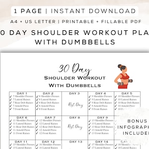Peut inclure: Un plan d'entraînement des épaules de 30 jours imprimable avec des haltères. Le plan comprend un programme d'exercices pour chaque jour, avec un jour de repos le jour 3 et le jour 8. Le plan comprend des exercices tels que les développé couchés, les élévations latérales, les élévations arrière des deltoïdes, le développé Arnold et les élévations frontales.