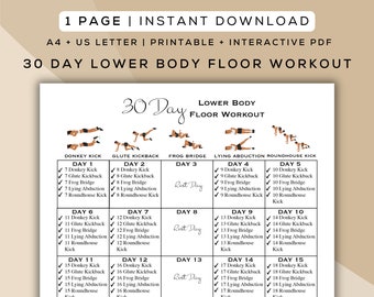 30 Day Lower Body Floor Workout Printable + Interactive PDF | Easy to Follow, Beginner Friendly, Digital Home Workout Guide | A4 + US Letter