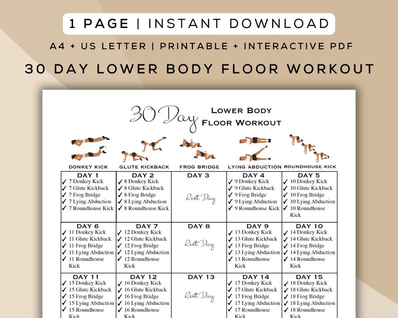 30 Day Lower Body Floor Workout Printable + Interactive PDF | Easy to ...