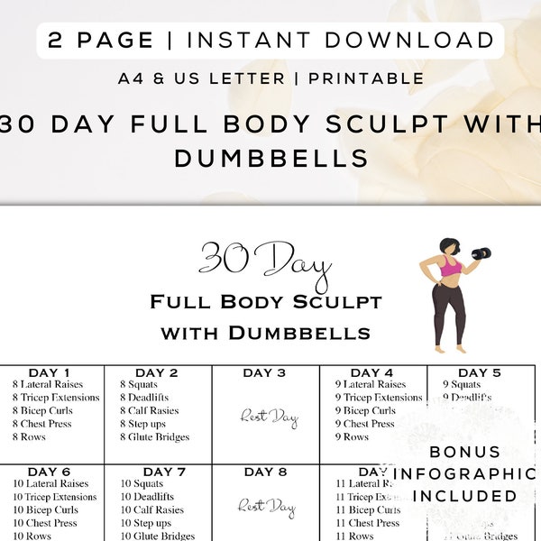 30 Day Full Body Workout With Dumbbells Printable | Bonus Infographic Included | A4 & US Letter | Easy to Follow Fitness Program