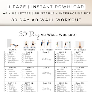 Rutina de ejercicios abdominales en la pared de 30 días para imprimir + PDF interactivo / Rutina de ejercicios para hacer en casa fácil de seguir, para principiantes, guía digital para gimnasios / A4 + Carta de EE. UU.