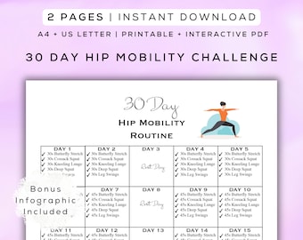 30-dagars höftmobilitetsutmaning, utskrivbar + interaktiv PDF | Enkel mobilitetsrutin, dynamiska stretchövningar för nybörjare, guide för hemmabruk + gym | A4 + brev