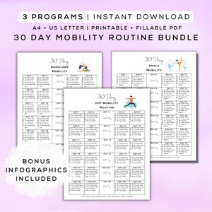 30 Day Mobility Bundle Printable + Interactive PDF | 3 Mobility Routines + Infographics, Beginner Dynamic Stretches, Gym Guide | A4 + Letter