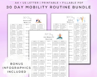 30-dagars mobilitetspaket utskrivbart + interaktiv PDF | 3 mobilitetsrutiner + infografik, dynamiska stretchövningar för nybörjare, gymguide | A4 + Letter