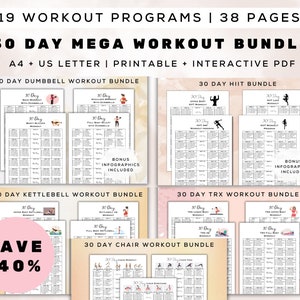30 Day MEGA Workout Bundle Printable + Interactive PDFs | 5 Bundles, 19 Workout Plans, Beginner Friendly, Digital Gym Guide | A4 + Letter