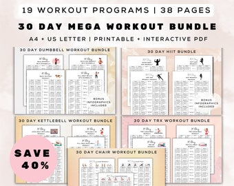 Puede incluir: Un collage de paquetes de programas de entrenamiento que incluyen entrenamientos de 30 días con mancuernas, pesas rusas, HIIT, TRX y silla. La imagen incluye ilustraciones de personas haciendo ejercicio y texto que dice "30 Day Mega Workout Bundle" y "Save 40%".