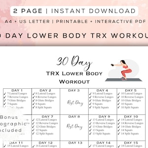 Peut inclure: Un programme d'entraînement TRX pour le bas du corps de 30 jours avec un graphique d'une femme faisant un squat avec une haltère. Le plan comprend 15 jours d'entraînement et 2 jours de repos.