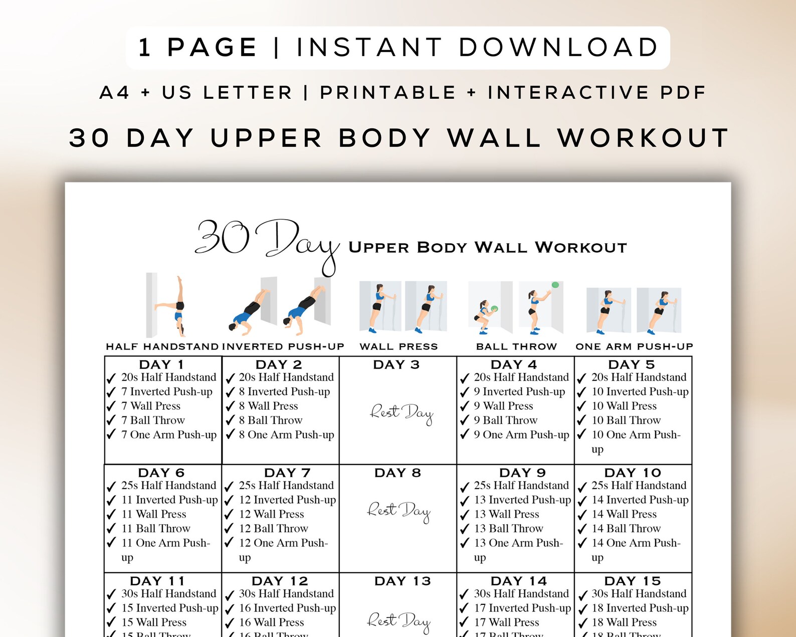 30 Day Upper Body Wall Workout Printable + Interactive PDF | Easy to ...