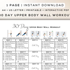 Rutina de entrenamiento de 30 días para la parte superior del cuerpo en la pared, imprimible + PDF interactivo / Programa fácil de seguir, apto para principiantes, guía digital para gimnasios / A4 + Carta de EE. UU.