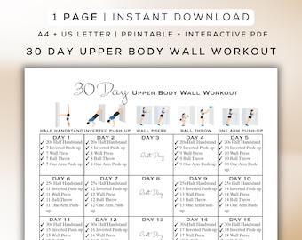 May include: A 30-day upper body wall workout plan with illustrations of exercises including half handstand inverted push-up, wall press, ball throw, and one arm push-up. The plan includes rest days.