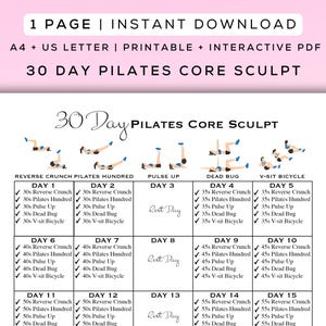 30 Day Pilates Core Sculpt para impressão + PDF interativo | Fácil de seguir, exercícios amigáveis para iniciantes, guia de treino digital | A4 + carta dos EUA