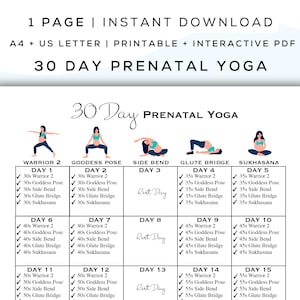 Yoga prenatal de 30 días imprimible + PDF interactivo / Posturas fáciles de seguir, rutina apta para embarazadas, guía de ejercicios digital / A4 + Carta de EE. UU.