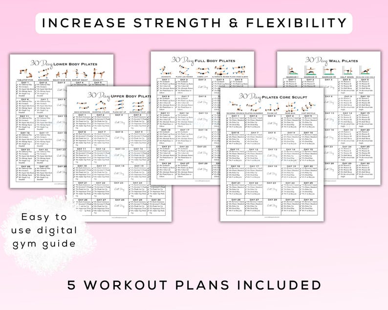 May include: A collection of five Pilates workout plan printables. Each plan is a 30-day guide, with exercises listed for each day. The plans include lower body, upper body, full body, core sculpt, and wall Pilates. Text on the image reads "Increase Strength & Flexibility."