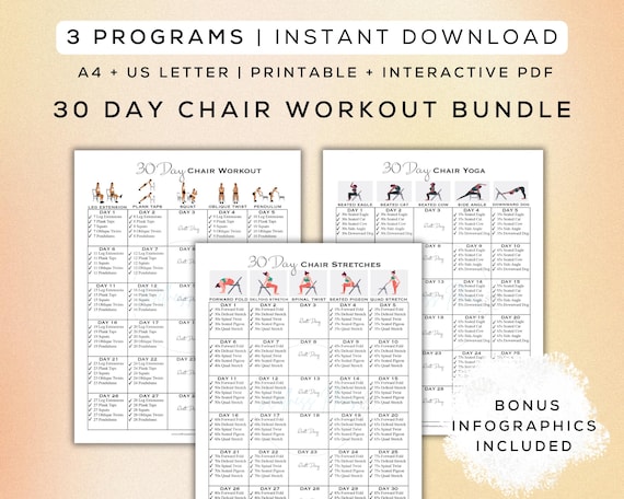 30 Day Chair Workout Bundle Printable + Interactive PDFs | Easy to Follow, Beginner Friendly Workout, Digital Gym Guide | A4 + US Letter