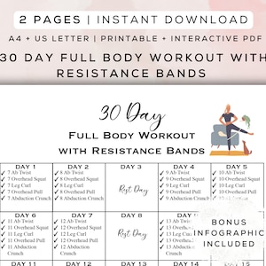 30-daagse full-body workout met weerstandsbanden afdrukbare + interactieve pdf | Bonusinfographic, training voor beginners, sportschoolgids | A4 + US Letter