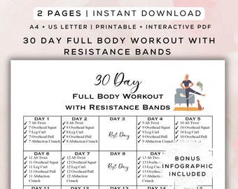 30 Day Full Body Workout with Resistance Bands Printable + Interactive PDF | Bonus Infographic, Beginner Workout, Gym Guide | A4 + US Letter