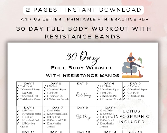 30 Day Full Body Workout With Resistance Bands Printable Interactive PDF Bonus Infographic Beginner Workout Gym Guide A4 US Letter Etsy