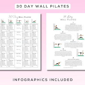 May include: Two-page infographic titled "30 Day Wall Pilates" with a pink background. The left page is a workout schedule, and the right page shows exercise illustrations. Text includes "Warrior I", "Warrior II", "Warrior III", "Half Moon", and "Revolved Side Angle".