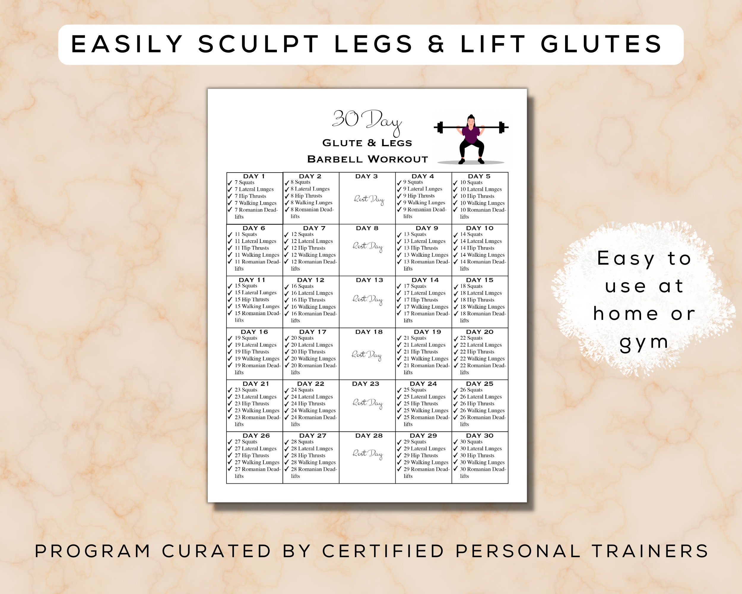 30 Day Glute &amp; Leg Barbell Workout Plan Printable Fillable - Etsy