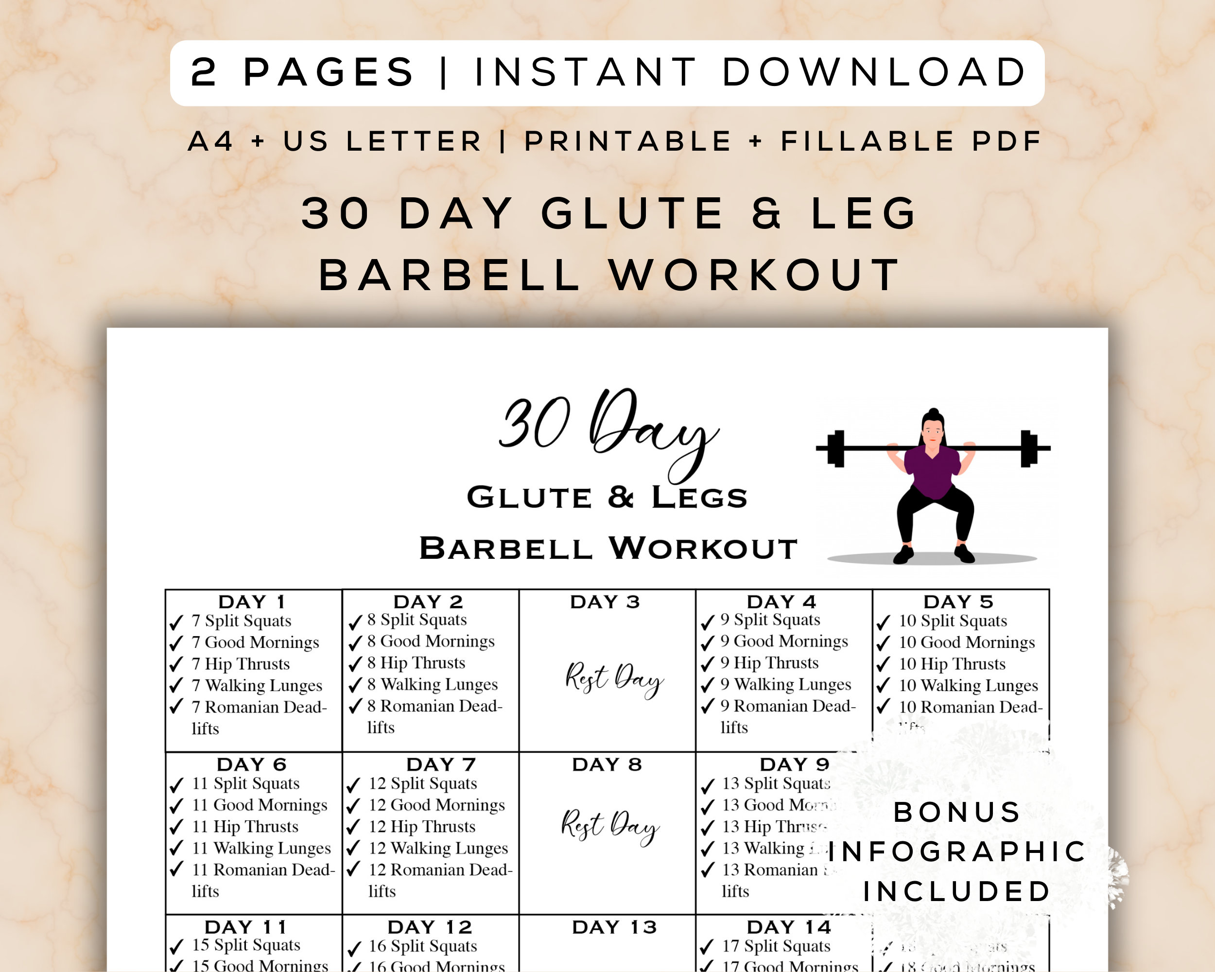 30 Day Glute Leg Barbell Workout Plan Printable Fillable PDF Bous Infographic Easy to Follow Workout Gym Guide A4 Letter Etsy