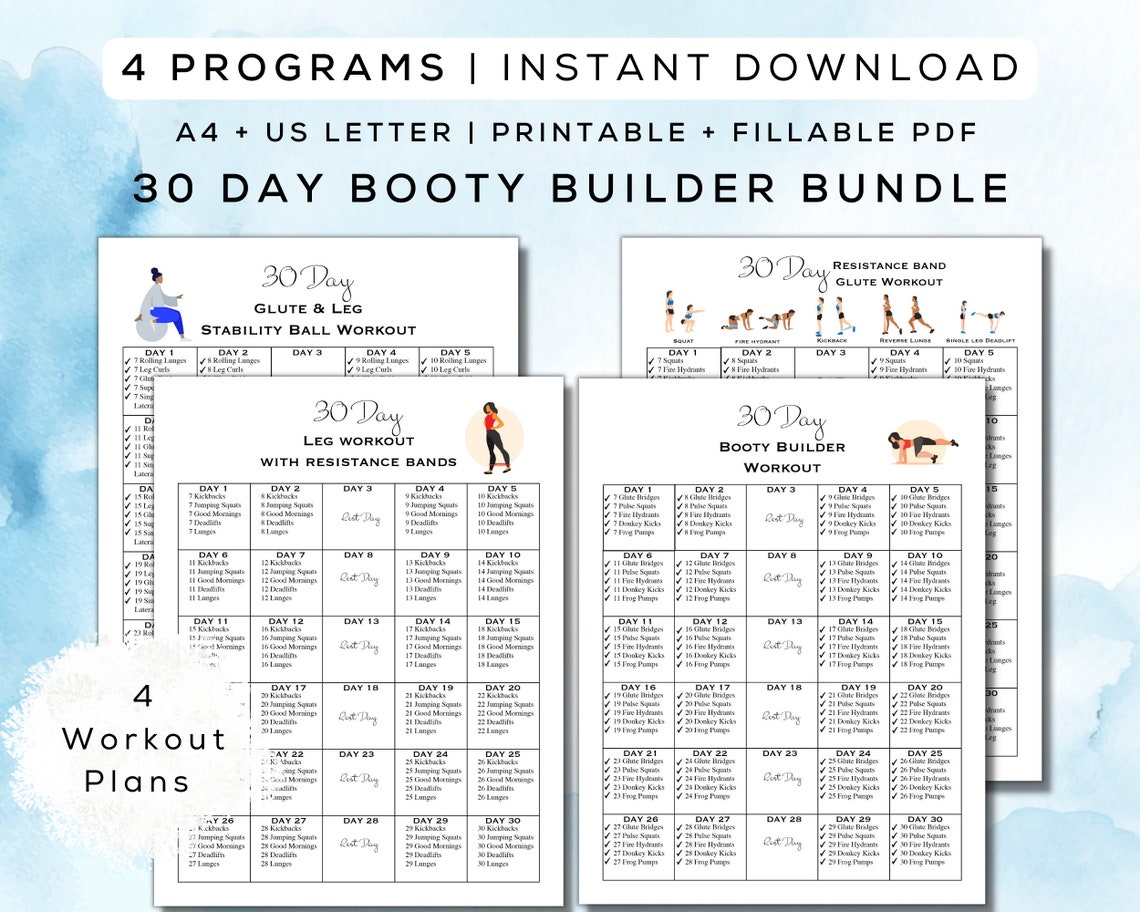 30 Day Booty Builder Bundle Printable Fillable PDF 4 Glute Leg Workout ...