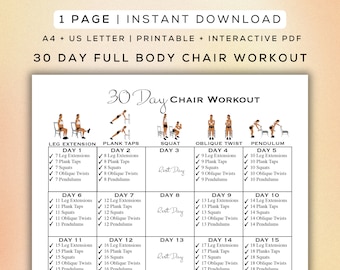 30 Day Chair Workout Printable + Interactive PDF | Easy to Follow Program, Beginner Friendly Workout, Digital Gym Guide | A4 + US Letter