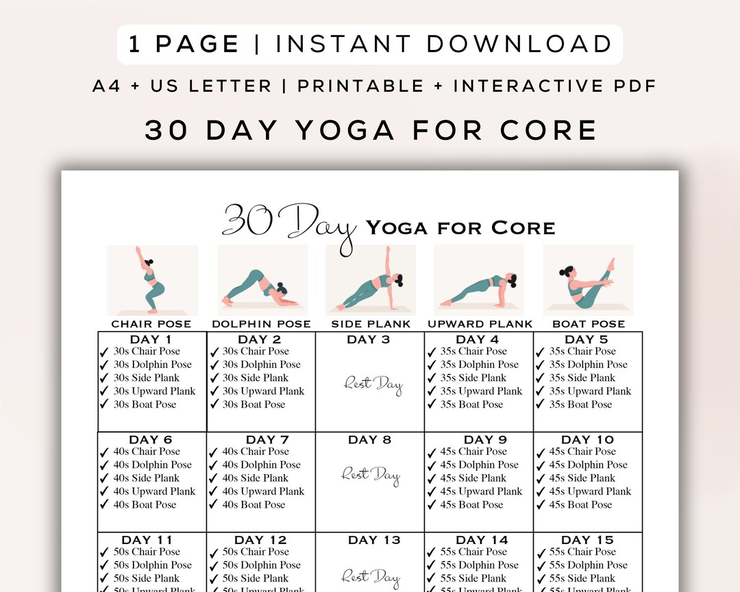 30 Day Yoga for Core Strength Printable + Interactive PDF | Easy to ...