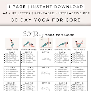 Yoga de 30 días para fortalecer el core Imprimible + PDF interactivo / Posturas fáciles de seguir, Guía de entrenamiento digital para principiantes / A4 + Carta de EE. UU.