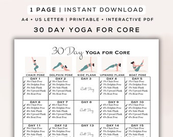 30 Day Yoga for Core Strength Printable + Interactive PDF | Easy to Follow Poses, Beginner Friendly, Digital Workout Guide | A4 + US Letter
