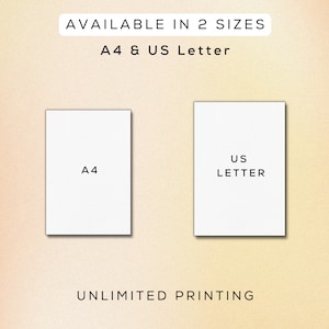 Op de afbeelding: Twee witte papieren rechthoeken met tekst. De linker rechthoek zegt "A4" en de rechter rechthoek zegt "US LETTER". De tekst boven de rechthoeken zegt "AVAILABLE IN 2 SIZES" en "A4 & US Letter". De tekst onder de rechthoeken zegt "UNLIMITED PRINTING".