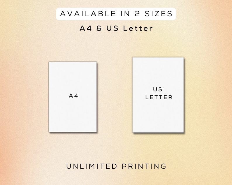 Op de afbeelding: Twee witte papieren rechthoeken met tekst. De linker rechthoek zegt "A4" en de rechter rechthoek zegt "US LETTER". De tekst boven de rechthoeken zegt "AVAILABLE IN 2 SIZES" en "A4 & US Letter". De tekst onder de rechthoeken zegt "UNLIMITED PRINTING".
