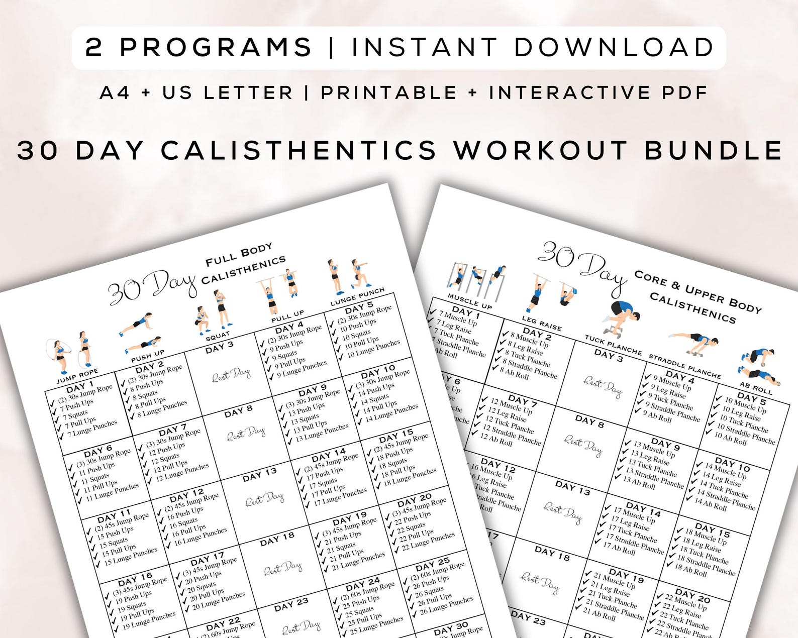30 Day Calisthenics Workout Bundle | Printable + Interactive PDF, Easy ...