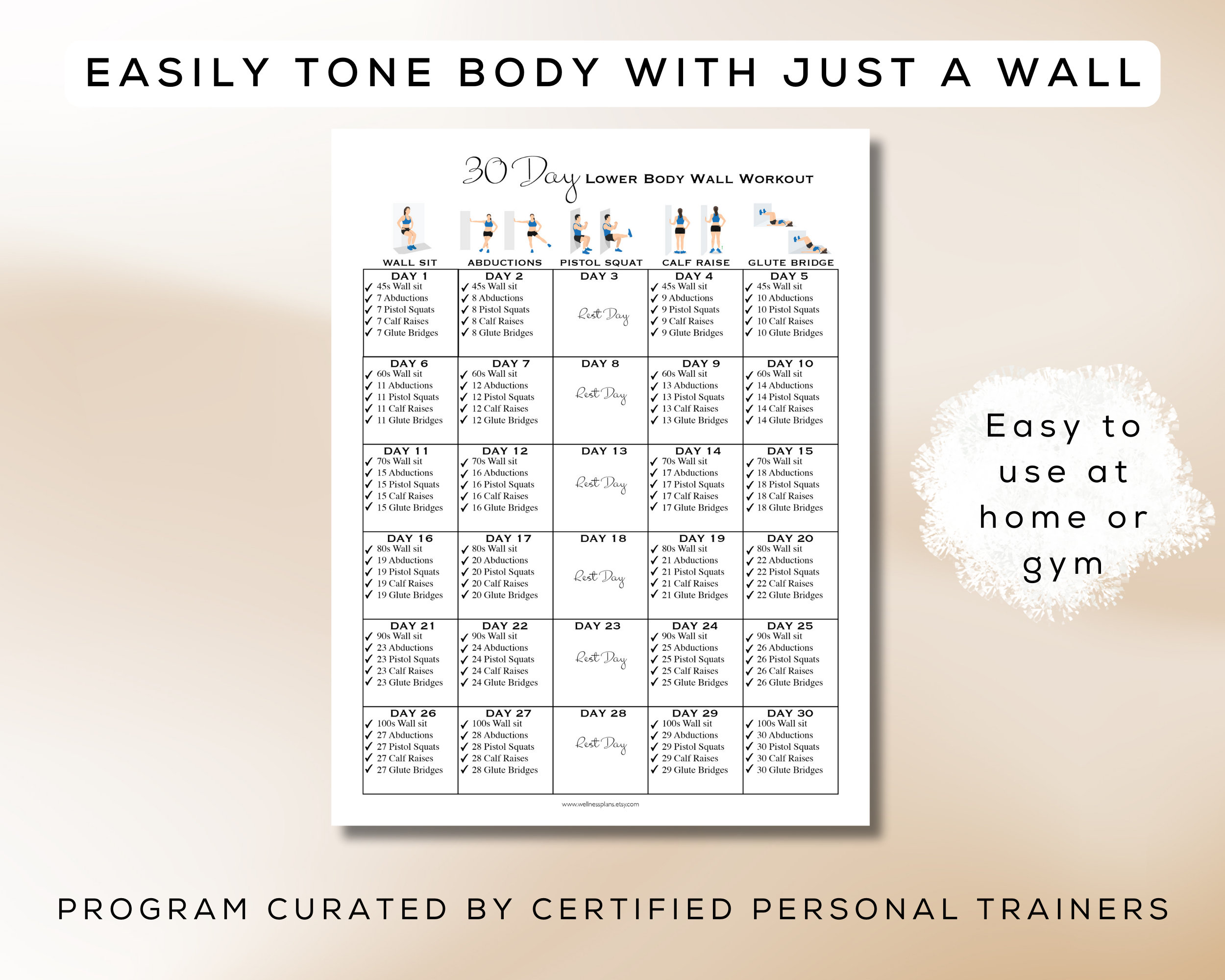 30 Day Lower Body Wall Workout Printable + Interactive PDF | Easy to ...