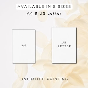 Peut inclure: Deux cartes blanches avec du texte noir sur un fond de plumes blanches et beiges. Le texte sur les cartes indique "A4" et "US LETTER". Le texte "AVAILABLE IN 2 SIZES" et "A4 & US Letter" est en haut de l'image. Le texte "UNLIMITED PRINTING" est en bas de l'image.
