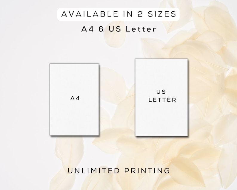 Peut inclure: Deux cartes blanches avec du texte noir sur un fond de plumes blanches et beiges. Le texte sur les cartes indique "A4" et "US LETTER". Le texte "AVAILABLE IN 2 SIZES" et "A4 & US Letter" est en haut de l'image. Le texte "UNLIMITED PRINTING" est en bas de l'image.