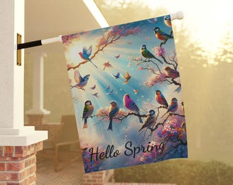 Outdoor Flag, Hello Spring House Banner - Birds Flowers Sunshine Springtime Joy Yard Decoration, Home Decor, Garden Flag, House Wall Art