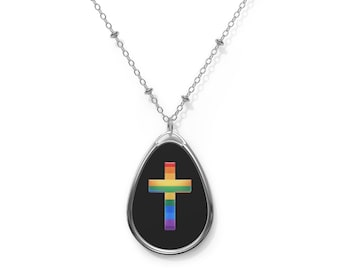 LGBTQ+ Religious Cross Oval Necklace Pendant Jewelry for Her Mom Jesus Christ Cross Gift Holiday New Year Pendant Necklace Church Christian