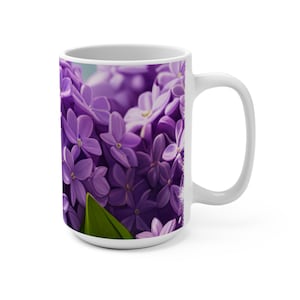 Ceramic Lilac Flowers Tea Mug 15oz, Coffee Cup, Floral Tea Lover Gift, Purple Flower Pattern