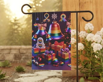 LGBTQ+ Christmas Garden Flag, Rainbow Jingle Bells Holiday Banner
