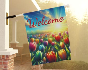 Welcome Outdoor Flag, House Banner Tulips Flowers Sunshine Summer time Joy, Yard Decoration, Home Decor, Garden Flag, House Wall Art Summer