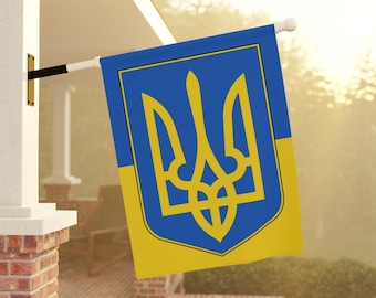 Pole Banner, Ukrainian Flag with Trident Symbol, Patriotic Garden Decor, House Wall Art, Outdoor Ukraine Flag, Yard Decoration