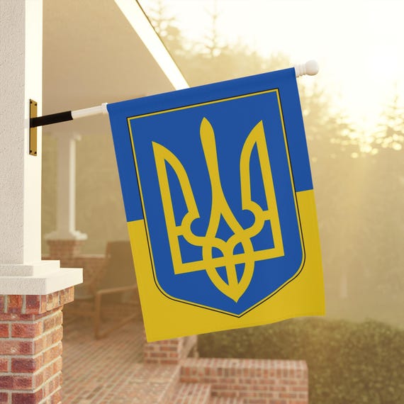 Ukraine Flag, Poly Poplin-Canvas Garden Banner, Blue Yellow Trident Symbol