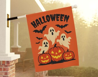 Outdoor Flag Halloween Ghosts Bats Jack-O-Lanterns Primitive Decor Scary Holiday, Spooky Garden House Banner Exterior Decoration
