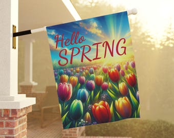 Outdoor Flag, Hello Spring House Banner - Birds Flowers Sunshine Springtime Joy Yard Decoration, Home Decor, Garden Flag, House Wall Art