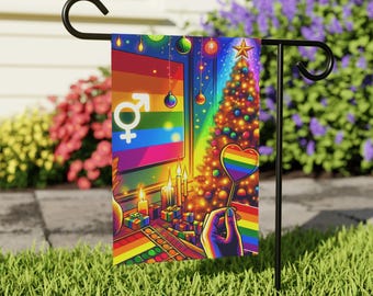 LGBTQ+ Christmas Tree Garden Flag: Rainbow Holiday Decor