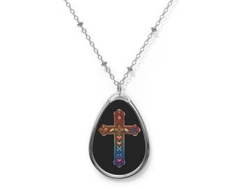 LGBTQ+ Religious Cross Oval Necklace Pendant Jewelry for Her Mom Jesus Christ Cross Gift Holiday New Year Pendant Necklace Church Christian