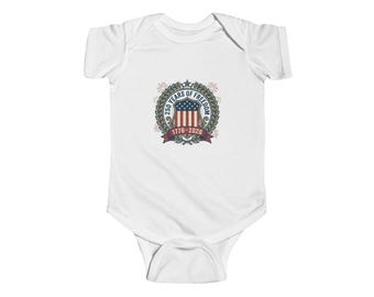 1776-2026 American Flag Crest Infant Bodysuit | Vintage USA Onesie