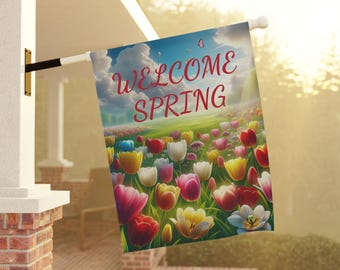 Outdoor Flag, Welcome Spring, Festive House Banner, Tulips Yard Decoration, Springtime House Wall Art, Hello Spring Garden Flag, Flowers -